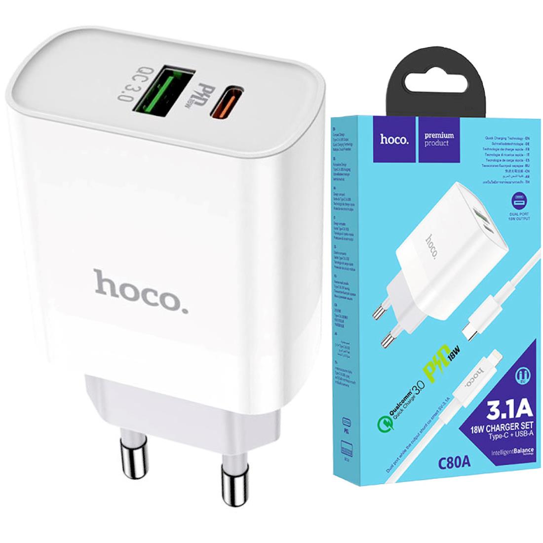 Hoco C80A cargador Rapido PD+QC3.0 charger (EU) incluye cable de Type-C a  Lightning color Blanco