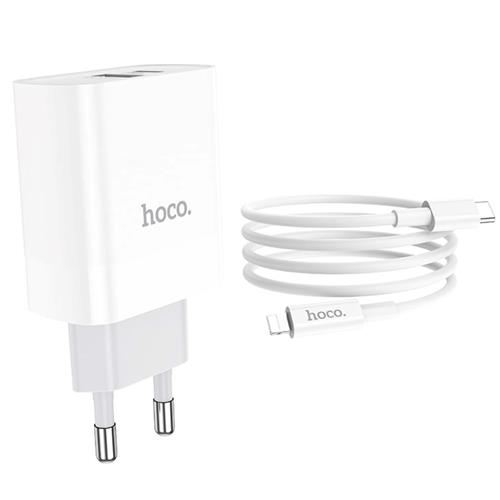 Cargador USB y USB-C 20W+ Cable USB-C a Lightning Hoco C80A Blanco
