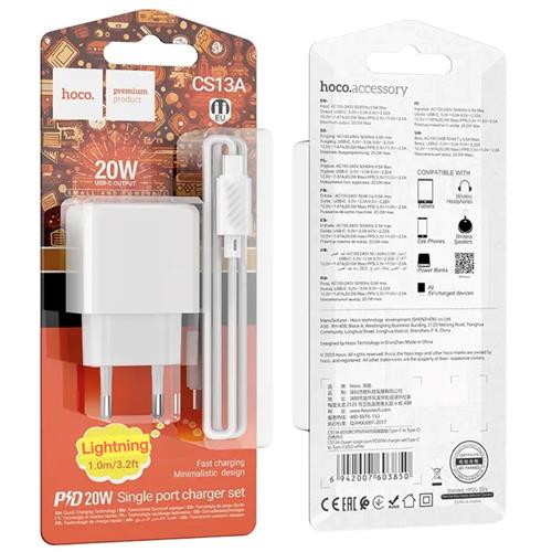 Cargador USB-C 20W+ Cable USB-C a Lightning Hoco CS13A Blanco