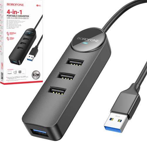 Borofone DH5 Hub USB con 4 puertos 3.0 5 Gbps y cable de 1.2 metros