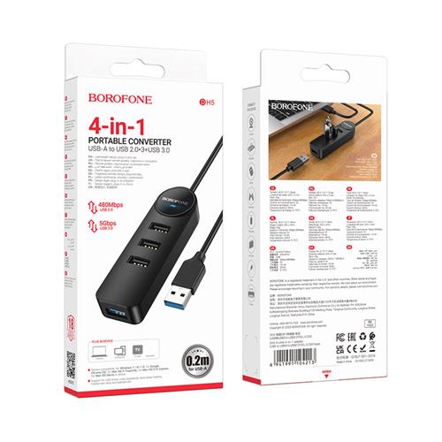 Borofone DH5 Hub USB con 4 puertos 3.0 5 Gbps y cable de 1.2 metros