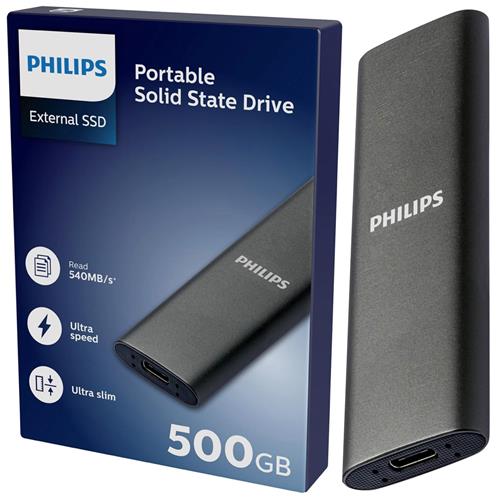 Disco SSD Externo Philips 500GB USB-C/USB 3.0 540MB Ultra Slim Gris