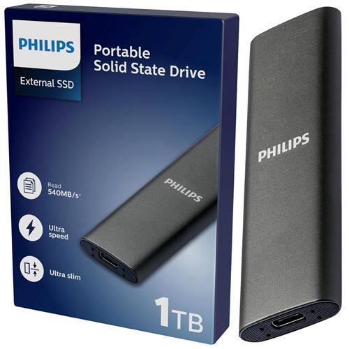 Disco SSD Philips Externo 1TB USB-C/USB 3.0 540MB Ultra Slim Gris