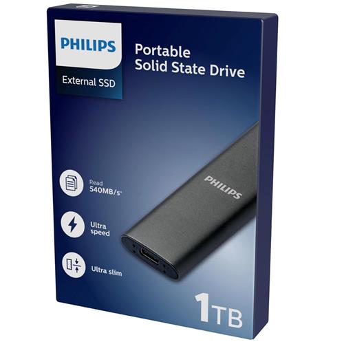 Disco SSD Externo Philips 1TB USB-C/USB 3.0 540MB Ultra Slim Gris