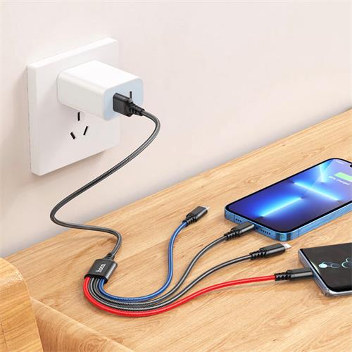 Hoco X76 4 in 1 Super Charging Cable (Ip+Ip+Type-c+Micro) Black/Red/Blue