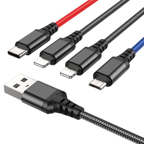 Hoco X76 4 in 1 Super Charging Cable (Ip+Ip+Type-c+Micro) Black/Red/Blue