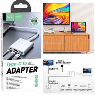 Hoco HB14 Adaptador Hub USB-C a HDMI, USB-C para Carga y USB 3.0 2