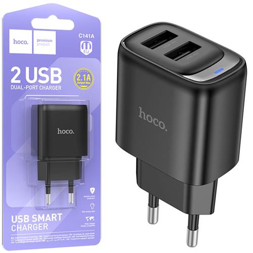 Cargador USB-A X2 Hoco C141A 2.1Amp Negro