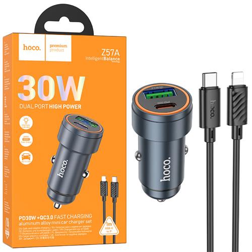 Cargador de Coche Set Hoco Z57A PD30W + QC3.0 + Cable Lightning