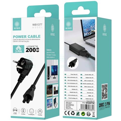 Ikrea WB1377 Cable de Alimentación PVC 3 Pines 2 Metros
