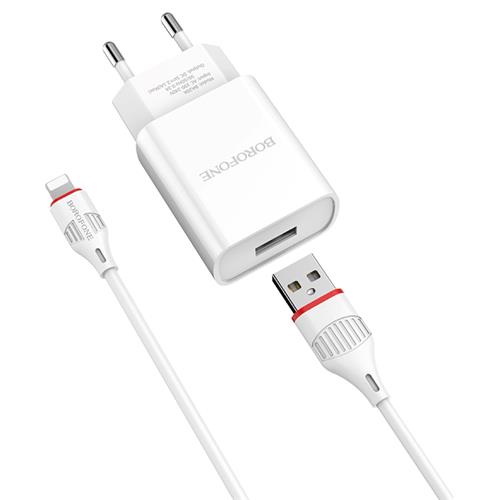 Cargador USB 2.1Amp + Cable USB a Lightning Borofone Ba20A Blanco