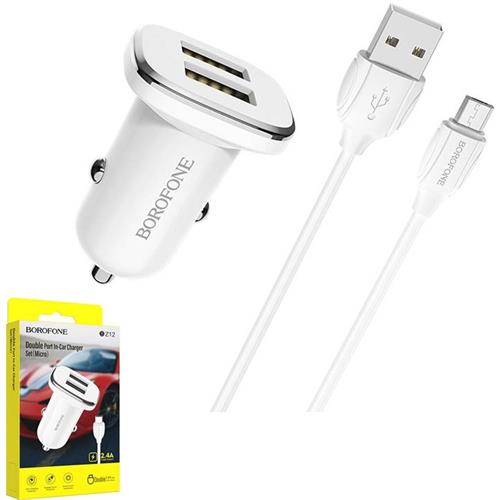 Cargador Coche USB 2.4Amp+ Cable USB a Micro BOROFONE BZ12 Blanco
