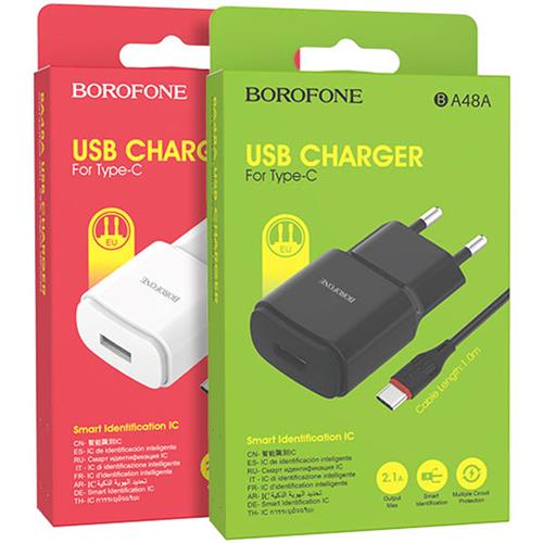 Cargador USB 2.1Amp + Cable USB a USB-C Borofone BA48A Blanco