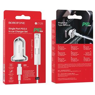 Cargador Coche USB-C 18W+ Cable USB-C- a Lightning Borofone BZ12B Blanco 2