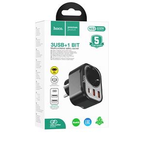 Hoco NS3 Enchufe 1 Toma + 2 USB 18W + 1 USB 20W Negro 2