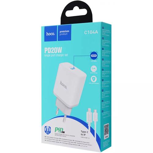 Cargador USB-C 20W+ Cable USB-C a Lightning Hoco C104A Blanco