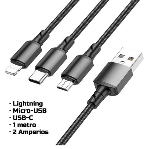 Cable USB a Lightning+ USB-C + Micro 1 m Borofone BX72 Negro