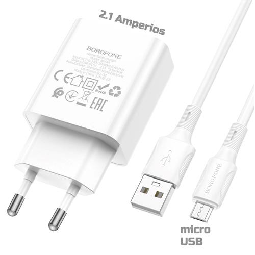 Cargador USB 2.1Amp + Cable USB a Micro Borofone BA74A Blanco
