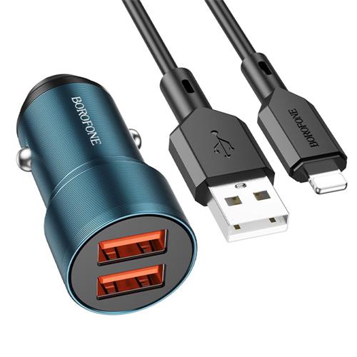 Cargador Coche USB 12v-24v 2.4Amp+ Cable Lightning Borofone BZ19